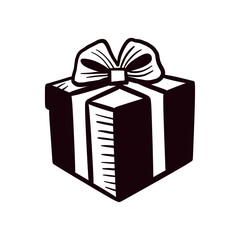 Hand-Drawn Black and White Gift Box with Bow, Vector Sketch of a Holiday Present or Surprise