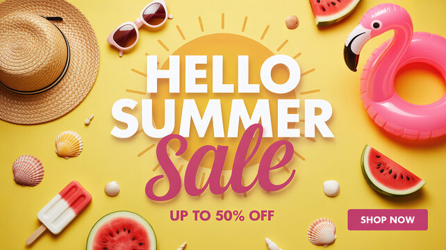"Hello Summer Sale – Bright Promotional Banner with Watermelon, Hat, Flamingo & Shells"
