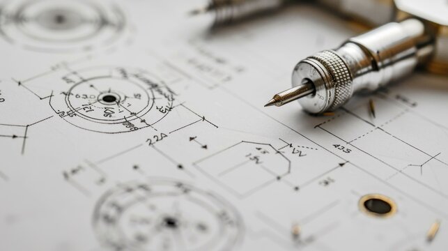 A mechanical drawing with a pencil and compass on top of it.