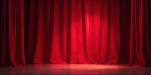 Crimson stage drapes pulled back, revealing empty spotlight, curtains, theater
