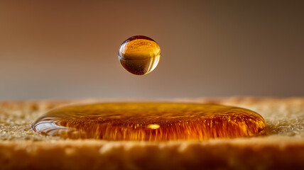 Obraz premium Droplet of honey falling mid-air against golden backdrop