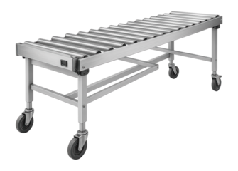 Industrial metal roller conveyor table on caster wheels designed for efficient transport of goods in warehouses and factories on transparent background.
