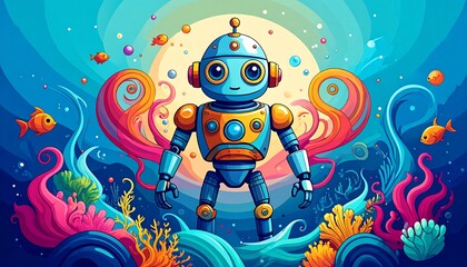 Cartoon robot in an underwater scene
