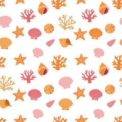 A repeating pattern featuring various stylized seashells, starfish, and coral elements on a white background.