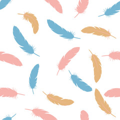 Colorful feathers scattered randomly across a white background, creating a pattern.