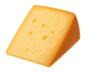 Triangle wedge of yellow cheese with visible holes on transparent background.