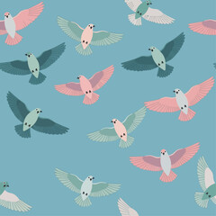 A seamless pattern of stylized pink and green doves flying against a light blue background.