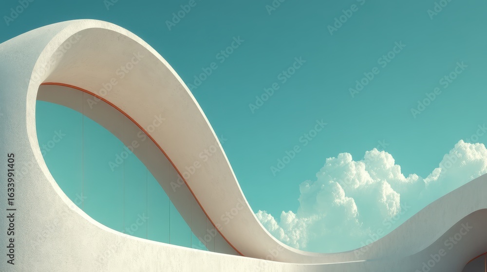 Poster a modern architectural structure featuring flowing lines against a clear blue sky with clouds in the
