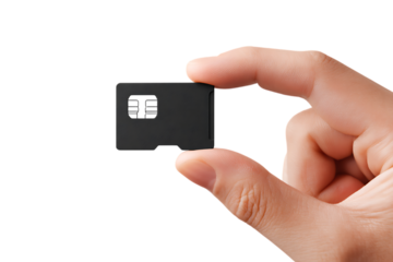 Hand holding a small black SIM card.