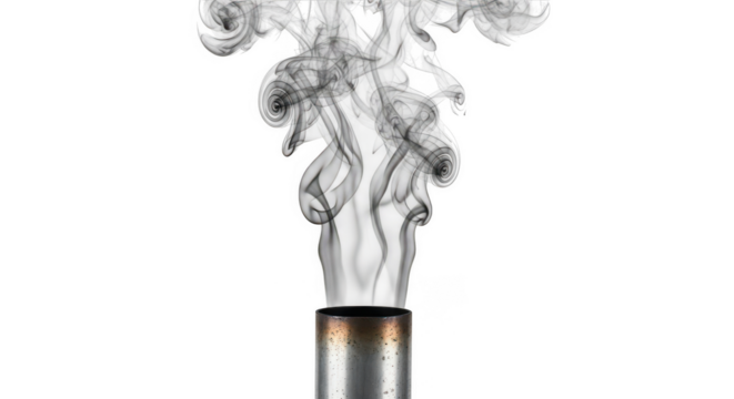 Smoke rising from a metallic tube isolated on transparent background