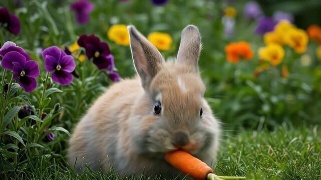 A fluffy tan bunny chomps on an orange carrot in a flower garden, close-up