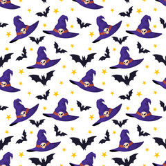 Seamless vector Halloween pattern with witch hats, black bats and yellow stars. Perfect for wrapping paper, fabric, holiday decorations, scrapbooking or holiday printing.