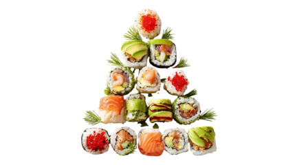 Holiday Sushi Rolls with Red and Green Toppings on Transparent Background

