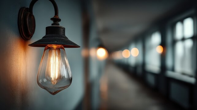 A dimly lit corridor featuring a vintage hanging light fixture, creating a warm, inviting atmosphere with blurred lights in the background.