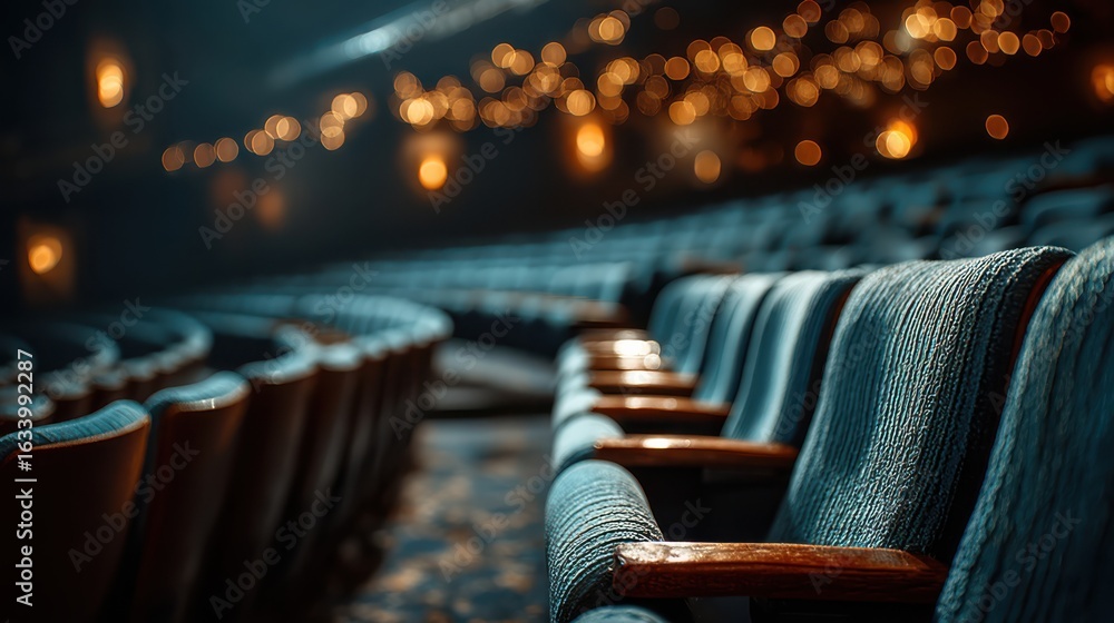 Poster a close-up view of empty theater seats, illuminated by soft lighting, creating an inviting atmospher