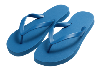 Pair of blue flip-flops with textured soles and thong straps on transparent background.