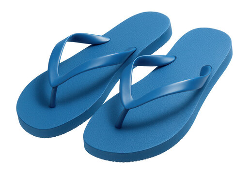 Pair of blue flip-flops with textured soles and thong straps on transparent background.