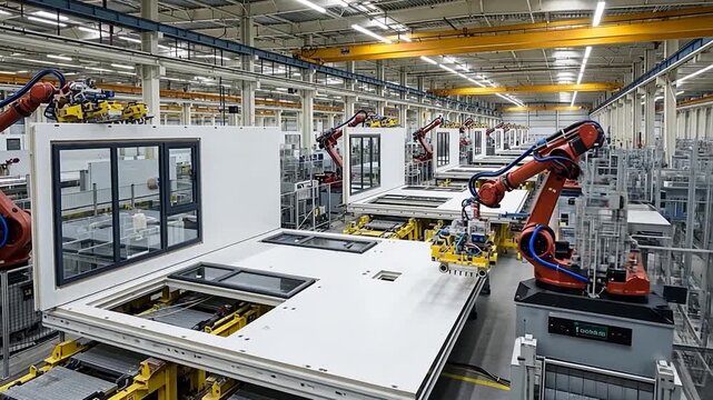 Industrial robots precisely building modular housing components on an assembly line