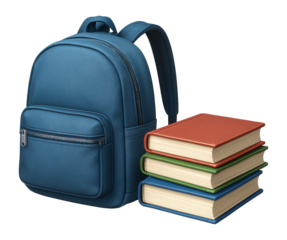 Blue backpack paired with a stack of three colorful hardcover books on transparent background.