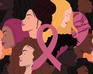 Breast Cancer Awareness Vector Illustration with Women Faces. Multiethnic group of women with pink ribbon. Disease prevention, solidarity or charity campaign flyer.	