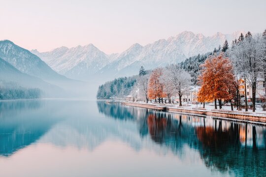 Winter wonderland lake scene with snow-capped mountains and colorful trees