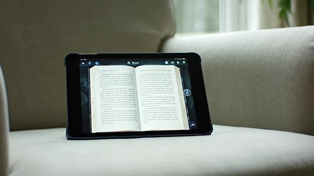 Black tablet on sofa, displaying book on-screen, reading app interface, bright background