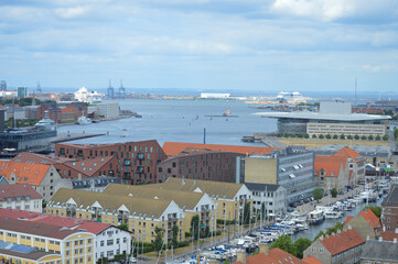 Copenhagen, Denmark Skyline its iconic colorful buildings and World's famous Danish Architecture.