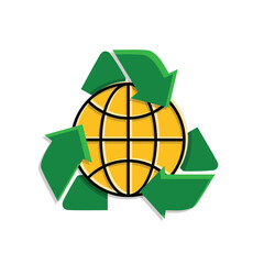 Recycle icon. Sustainability vector. Recycle arrow symbol with globe in the center. net zero, green energy, web icon. Isometric design style.