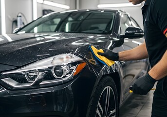 Car Detailing Service Professional Cleaning, Polishing, and Waxing on Black Sedan with Microfiber Cloth for Shiny Finish.
