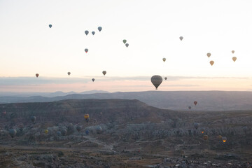 beautiful scenery flight of balloons in the mountains of Cappadocia in love valley