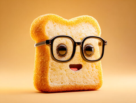 Adorable animated bread slice with glasses and a cheerful expression on a warm background