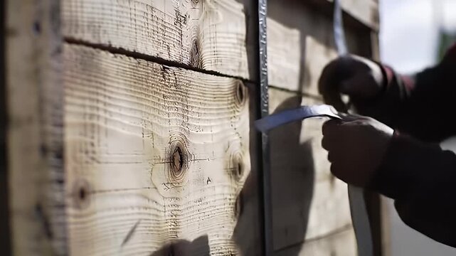 Close-up of wood planks with knots and a hand, focus is the wood texture