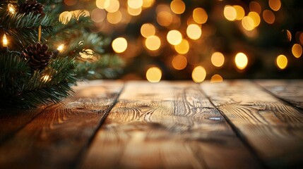 Festive holiday scene with blurred lights and a rustic wooden surface with pine branches