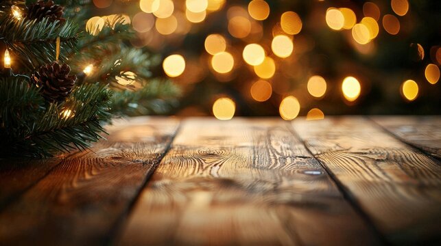 Festive holiday scene with blurred lights and a rustic wooden surface with pine branches