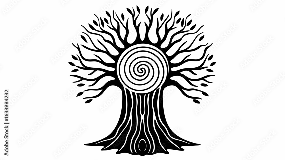 Poster vector stylized tree with spiral core symbolizes growth and connection