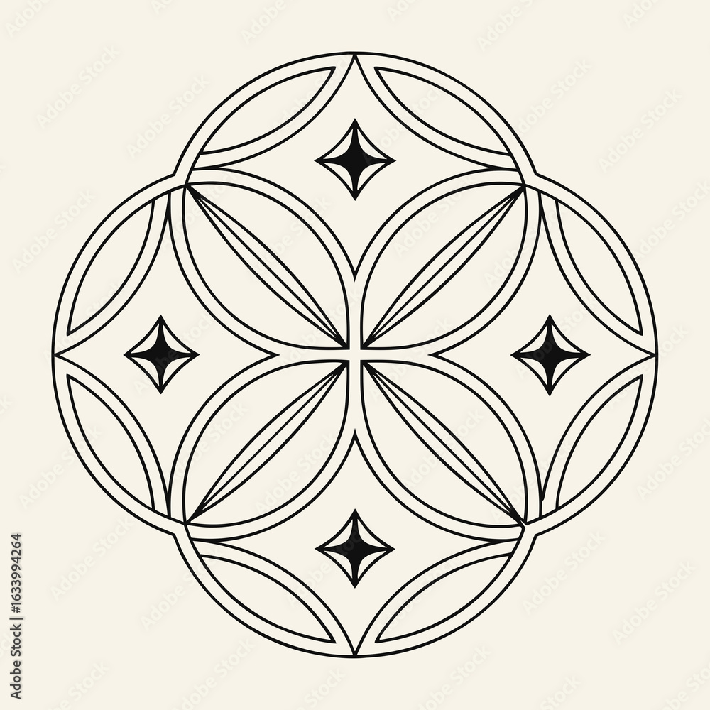 Poster vector intricate geometric pattern featuring overlapping circles and star shapes, creating harmoniou
