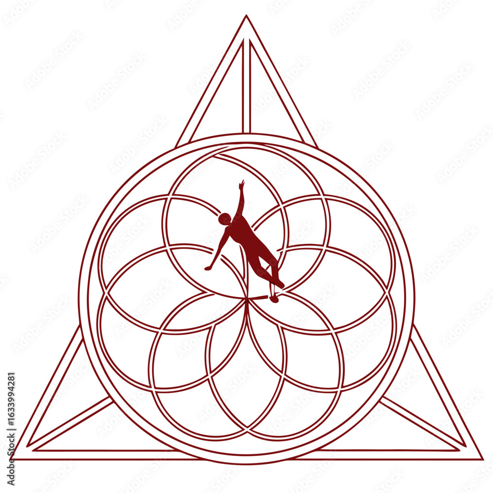 Poster vector symbolic representation of human figure within geometric design, featuring triangle and circu
