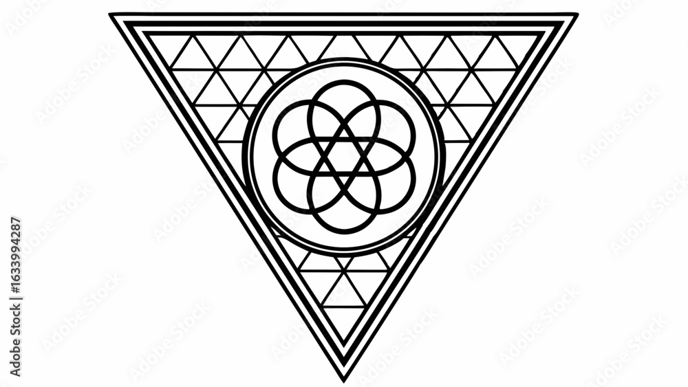 Poster vector quantum symbol within triangle grid pattern evokes sense of harmony and balance