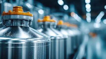 A series of metallic tanks with orange valves, glistening with moisture, set against a softly blurred industrial background.