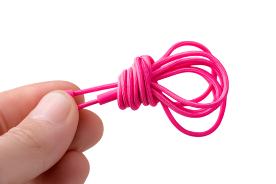 Pink tangled wire in hand. Concept of technology problems, messy cables, and data chaos.