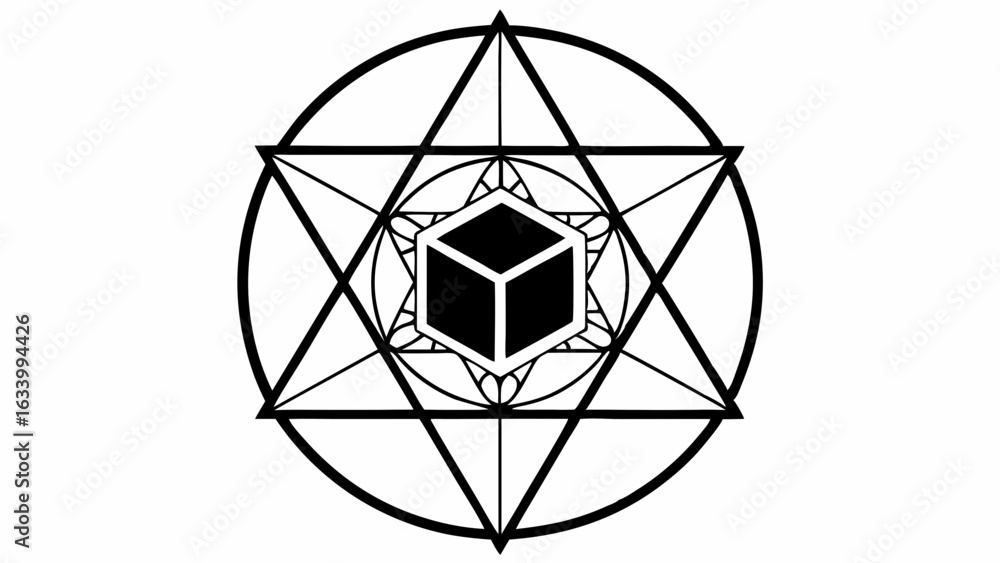 Poster vector centralized cube within star polygon web design, symbolizing harmony and balance