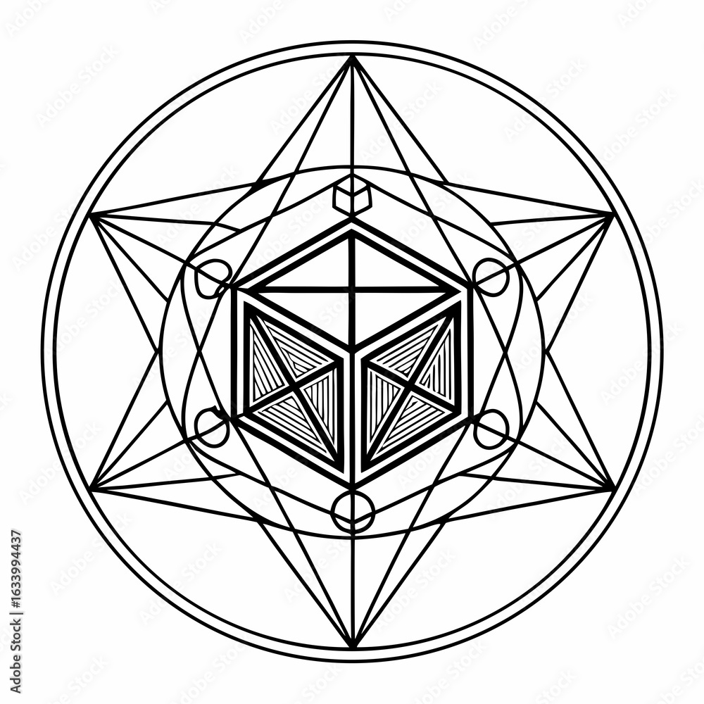 Poster vector geometric design featuring central cube within star polygon web, showcasing intricate lines