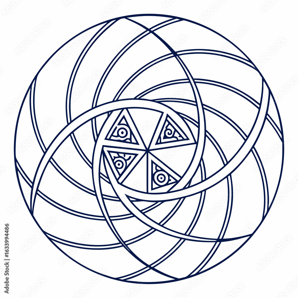 Poster vector intricate spiral design featuring nested triangles and circular patterns, evoking sense