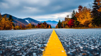 Scenic autumn landscape featuring a deserted mountain road with vibrant fall foliage and distant mountains under a cloudy sky
