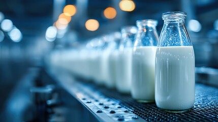 A row of glass milk bottles on a conveyor belt, illuminated by soft blue lights, showcasing a modern dairy processing facility.