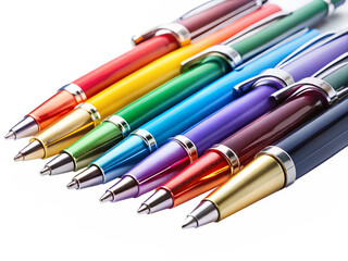 A collection of colorful ballpoint pens with metal accents, arranged and isolated on a transparent background