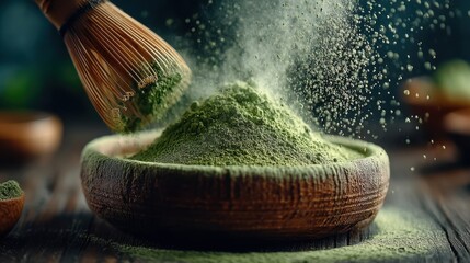 A bowl of finely ground green powder is being whisked, creating a cloud of dust, symbolizing the preparation of matcha.