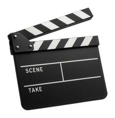 Obraz premium Black and white film clapperboard with a hinged arm and space for scene and take information on transparent background.