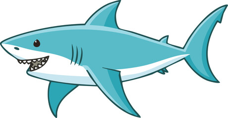 A cartoon illustration of a shark, swimming with its mouth open, showing teeth.