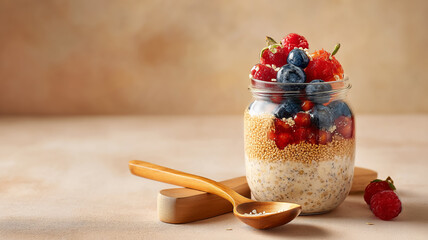 Yogurt parfait with berries on wood